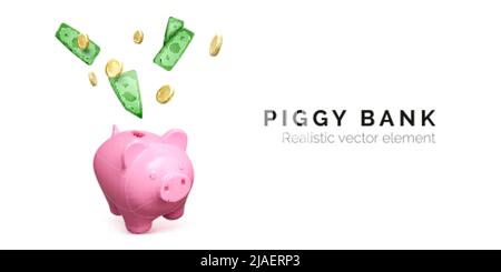 Banque de porc rose et de l'argent et des pièces d'or de papier vert en chute. Bannière d'investissement de financement isolée sur fond blanc. Économisez de l'argent. Illustration vectorielle Illustration de Vecteur