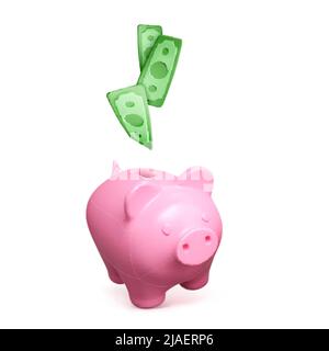 La banque de porc rose et la baisse de l'argent de papier vert. Finance et investissement isolés sur fond blanc. Conservez l'argent en lieu sûr. Illustrateur vectoriel Illustration de Vecteur