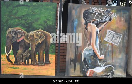 Peintures en toile à vendre dans différentes tailles. Un grand nombre de jeunes artistes ont exposé leur peinture. Ces peintures sont vendues dans la rue à côté du Musée national de Colombo. Sri Lanka. Banque D'Images