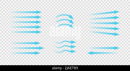 Débit d'air. Ensemble de flèches bleues indiquant la direction du mouvement de l'air. Flèches de direction du vent. Bleu, froid, flux frais provenant du conditionneur. Vecteur Illustration de Vecteur