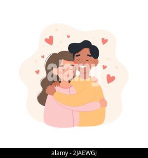 Concept de couple international heureux. Homme et femme de différentes nationalités s'embrassant. Illustration vectorielle mignonne de style dessin animé plat Illustration de Vecteur