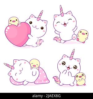 Ensemble de caticorne et de caneton de kawaii. Petits amis mignons - canard et caticorne jouant, dormant, avec coeur. Illustration vectorielle EPS8 Illustration de Vecteur