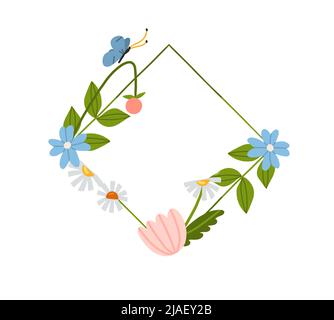 Illustration graphique abstraite vectorielle à la main avec clip art illustration de feuilles ornementales vertes cadre avec fleurs, baies, pâquerettes et Illustration de Vecteur