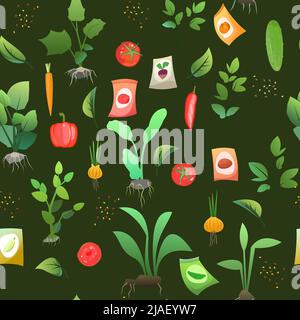 Plantes de jardin de semis. Légumes fruits. Semis de matériel agricole. Motif sans couture. Vecteur. Illustration de Vecteur