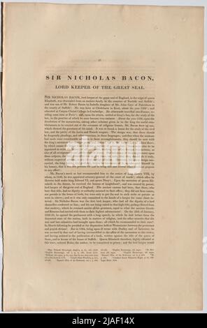 Sir Nicholas Bacon, Lord Keeper du grand Sceau. Biografie Sir Nicholas Bacon, Lordhüter des Großen Siegels (aus 'les chefs des illustres habitants de la Grande-Bretagne'). Thomas Birch (1705—1766), auteur Banque D'Images