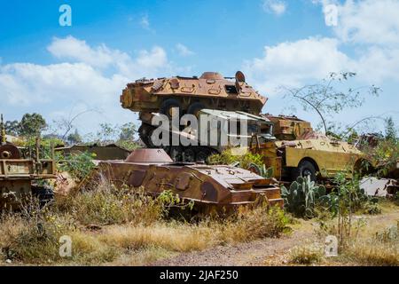 Détruit des machines et des chars de guerre arrondis par des cactus sur le cimetière de Tank à Asmara, en Érythrée Banque D'Images