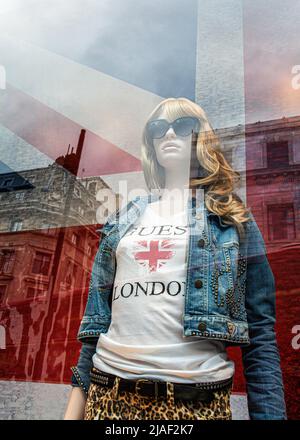 Royaume-Uni, Londres - 1st juin 2012 : mannequin de magasin avec T-shirt portant le drapeau Union Jack, les préparatifs sont en cours pour les célébrations du week-end. Une foule énorme est attendue pour célébrer le Jubilé de diamant de sa Majesté, la reine Elizabeth II Banque D'Images