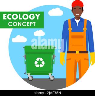 Illustration détaillée du collecteur d'ordures et de la benne à ordures vertes sur fond bleu, à plat. Illustration de Vecteur