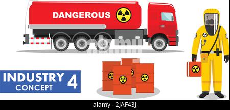 Illustration détaillée d'un camion citerne transportant des substances chimiques, radioactives, toxiques et dangereuses et un travailleur en combinaison de protection sur fond blanc i Illustration de Vecteur