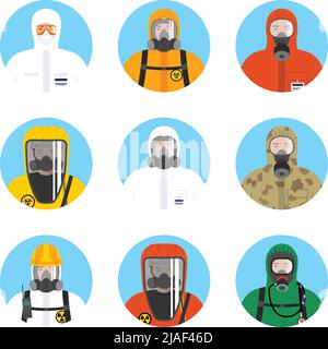 Concept de l'industrie nucléaire. Ensemble d'avatars colorés de travailleurs en différences combinaisons de protection dans le style plat. Illustration vectorielle. Illustration de Vecteur