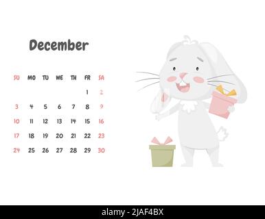 Page de calendrier pour le mois de décembre 2023 avec un joli lapin heureux tenant des boîtes-cadeaux. Adorable animal, un personnage dans des couleurs pastel. CA pour les enfants Illustration de Vecteur