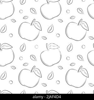 Motif monochrome noir et blanc sans couture. Pommes dessinées à la main avec des feuilles. Un simple contour de fond pour la conception de web, l'emballage de produit, serviettes, ba Illustration de Vecteur