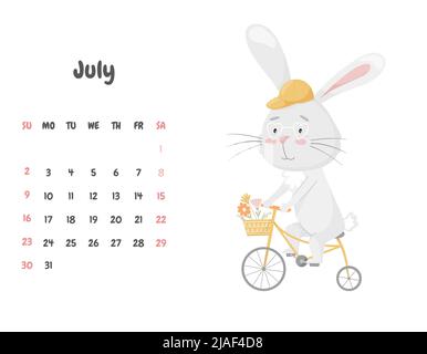 Page de calendrier pour le mois de juillet 2023 avec un joli lapin souriant à vélo avec un panier de fleurs. Adorable animal, un personnage dans le pastel Illustration de Vecteur