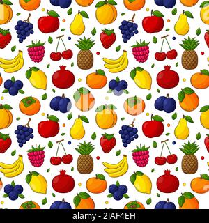 Fruit d'été juteux et brillant, sans coutures. Fruits dessinés à la main avec un contour. Un ensemble de fruits et de baies. Pour les textiles d'été, l'emballage alimentaire, la serviette Illustration de Vecteur