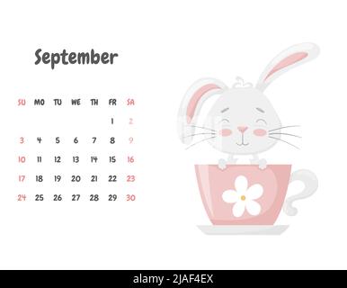 Page de calendrier pour le mois de septembre 2023 avec un joli lapin drôle assis dans un thé. Adorable animal, un personnage dans des couleurs pastel.Children's c Illustration de Vecteur