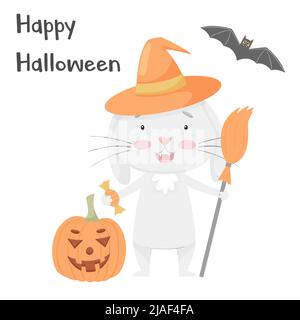 Joli lapin souriant dans un chapeau, avec un balai et une citrouille d'Halloween. Adorable animal, caractère dans des couleurs pastel. Motif enfants. Pour les cartes, les vêtements, les t SH Illustration de Vecteur