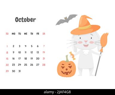 Page de calendrier pour octobre 2023 avec un joli lapin souriant dans un chapeau, avec un balai et une citrouille d'Halloween. Adorable animal, caractère dans des couleurs pastel. Illustration de Vecteur