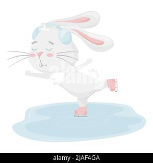 Joli lapin patinant sur une patinoire avec casque. Adorable animal, un personnage dans des couleurs pastel. Activités amusantes en hiver. Pour cartes, vêtements, t-shirt Illustration de Vecteur