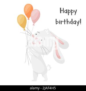 Joli lapin souriant tenant des ballons festifs dans ses pattes. Carte d'anniversaire. Adorable animal, caractère dans des couleurs pastel. Pour cartes, vêtements, t shir Illustration de Vecteur