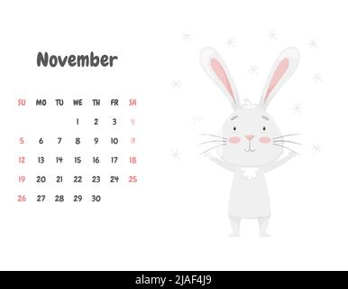 La page du calendrier pour le mois de novembre 2023 avec un joli lapin souriant, se réjouissant des flocons de neige volants. Adorable animal, caractère pastel Illustration de Vecteur