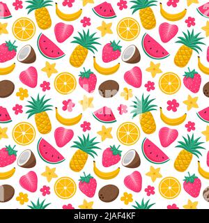 Motif d'été brillant sans couture avec fruits exotiques tropicaux, baies et fleurs. Noix de coco, ananas, pastèque, fraise. Illustrations vectorielles dans Illustration de Vecteur