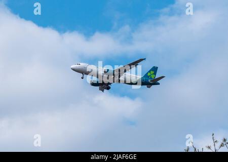 Un Aer Lingus Airbus A320-200 (EI-DVL) sur l'approche de l'aéroport de Londres Heathrow, Royaume-Uni. Banque D'Images