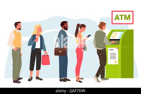 Les gens restent dans la longue file d'attente à ATM, le personnage en attente avec patience de retirer de l'argent liquide Illustration de Vecteur