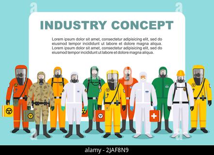 Regroupez les différents travailleurs en différentes combinaisons de protection debout ensemble dans la rangée dans le style plat. Profession dangereuse. Illustration vectorielle. Illustration de Vecteur