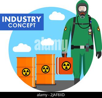 Illustration détaillée de fûts avec substances chimiques, radioactives, toxiques, dangereuses et travailleurs en combinaison de protection plate. Vecteur illust Illustration de Vecteur