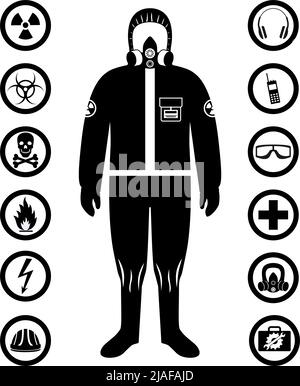 Homme en costume de protection de style plat. Profession dangereuse. Icônes vectorielles de la sécurité et de la santé au travail. Ensemble de différents signes de produits chimiques, radioacti Illustration de Vecteur