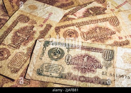 Anciens billets soviétiques. Beaucoup de billets de 1 roubles Banque D'Images