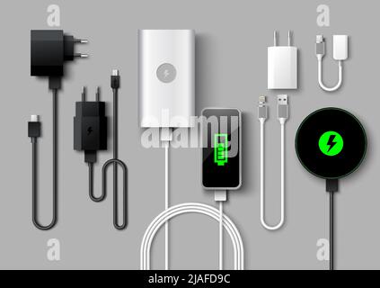 Chargeur de téléphone portable fournissant un ensemble vectoriel réaliste Illustration de Vecteur