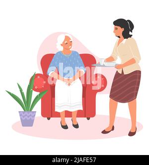 Femme apporter le thé à la vieille personne vecteur Illustration de Vecteur
