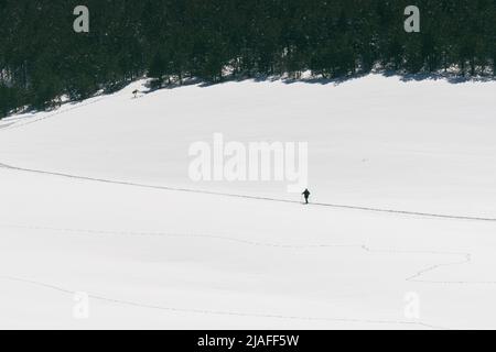 Personne méconnaissable qui fait de la randonnée dans un paysage enneigé en hiver, région du Zlatibor en Serbie Banque D'Images