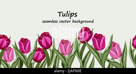 Motif tulipes roses sans couture. Fond de fleurs de printemps répétables sans fin avec tulipes, illustration vectorielle dessinée à la main isolée. Illustration de Vecteur