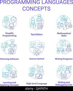 Langages de programmation Blue gradient concept icons set Illustration de Vecteur