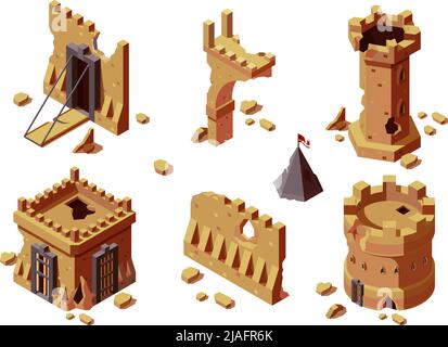 Bâtiments médiévaux. Guerre endommagé constructions historiques jeu 3D isométrique garish vecteur modèles Illustration de Vecteur