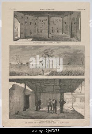 La mission du Capitaine Gallieni sur le skin-niger; décoration d’une Bambara a nango (...); Nango; installation de la mission a nango '. Expédition de la Capitaine Gallieni dans le Haut Niger; conception spatiale, village, branche à Nango. L. Dumont, Xylographe Banque D'Images