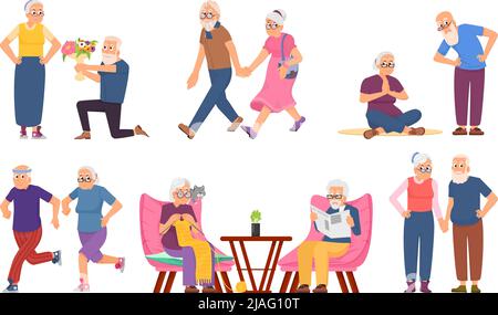 Bonne activité pour les personnes âgées. Retraite activités aînés, personnes âgées en bonne santé. Dessin animé granny courir, tricoter et méditer. Grands-parents actifs vecteur décent Illustration de Vecteur