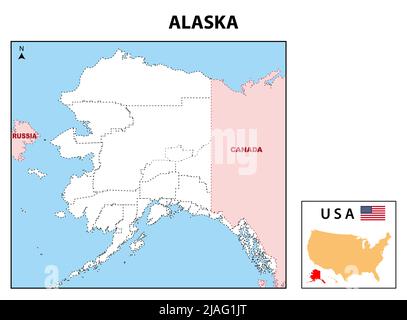 Carte de l'Alaska. Carte de l'État et du district de l'Alaska. Carte administrative et politique de l'Alaska avec les pays voisins et la frontière. Illustration de Vecteur