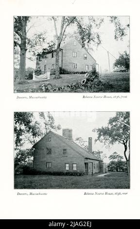 La légende de 1920 se lit comme suit : Rebecca Nurse House 1636 – Front and Rear à Danvers, Massachusetts. Le Rebecca Nurse Homestead est un musée historique de la maison à Danvers, Massachusetts. La maison appartenait autrefois à Rebecca Nurse, qui a été accusée de sorcellerie pendant les essais de sorcellerie de Salem, et c'est la seule maison d'une personne exécutée pendant les essais qui est ouverte au public. Banque D'Images