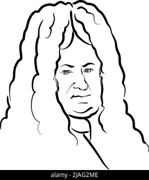 Gottfried Wilhelm Leibniz dessin vectoriel moderne. Croquis dessiné à la main par l'artiste Knut Hebstrit. Dessin pour utilisation sur tout projet de marketing et pour Illustration de Vecteur