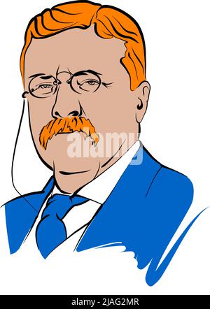 Schéma vectoriel Theodore Roosevelt avec surfaces colorées. Croquis dessiné à la main par l'artiste Knut Hebstrit. Dessin à utiliser sur tout projet marketing Illustration de Vecteur
