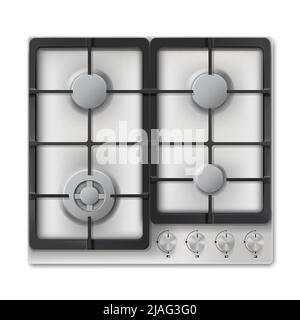 Surface de cuisson au gaz, 3D appareils de cuisine vectoriels réalistes, table de cuisson, cuisinière à gaz blanc isolée sur fond blanc Illustration de Vecteur