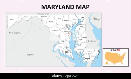 Carte du Maryland. Carte politique du Maryland avec frontières dans Outline. Illustration de Vecteur