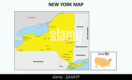 Carte de New York. Carte de l'état et du quartier de New York. Carte politique de New York avec le quartier principal Illustration de Vecteur