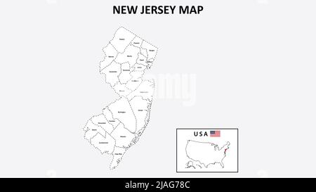 Carte du New Jersey. Carte de l'état et du quartier du New Jersey. Carte administrative du New Jersey avec quartier et capitale en blanc. Illustration de Vecteur