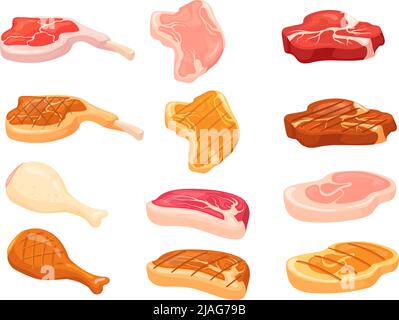 Filet de viande de dessin animé. Filet de bœuf en tranches de bœuf à la ribeye ou au porc grillé, hacher de la graisse brute coupée pour le repas de cuisson des aliments au gril rôti, vache à morceaux non cuite isolée, illustration vectorielle du steak de bœuf et du filet Illustration de Vecteur