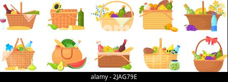 Panier repas. Panier pique-nique avec vin, boîte en osier, petit déjeuner sur le plancher couverture extérieure, sac de friandises cadeau, panier-repas sandwich, vecteur de dessin animé de panier-repas de pique-nique illustration Illustration de Vecteur