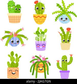 Cactus kawaii en pots. Personnages de plantes de cactus mignons, drôle de pot de fleurs avec des verres, sourire heureux visage mexicain succulent, enfant doodle enfant plantes tropicales thorn ensemble de fleurs illustration vectorielle exacte Illustration de Vecteur